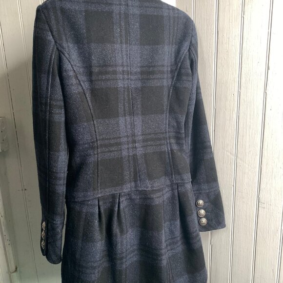Guess Women's Blue Black Plaid Double Breast Wool Pea Coat Knit Collar Military - Picture 16 of 16